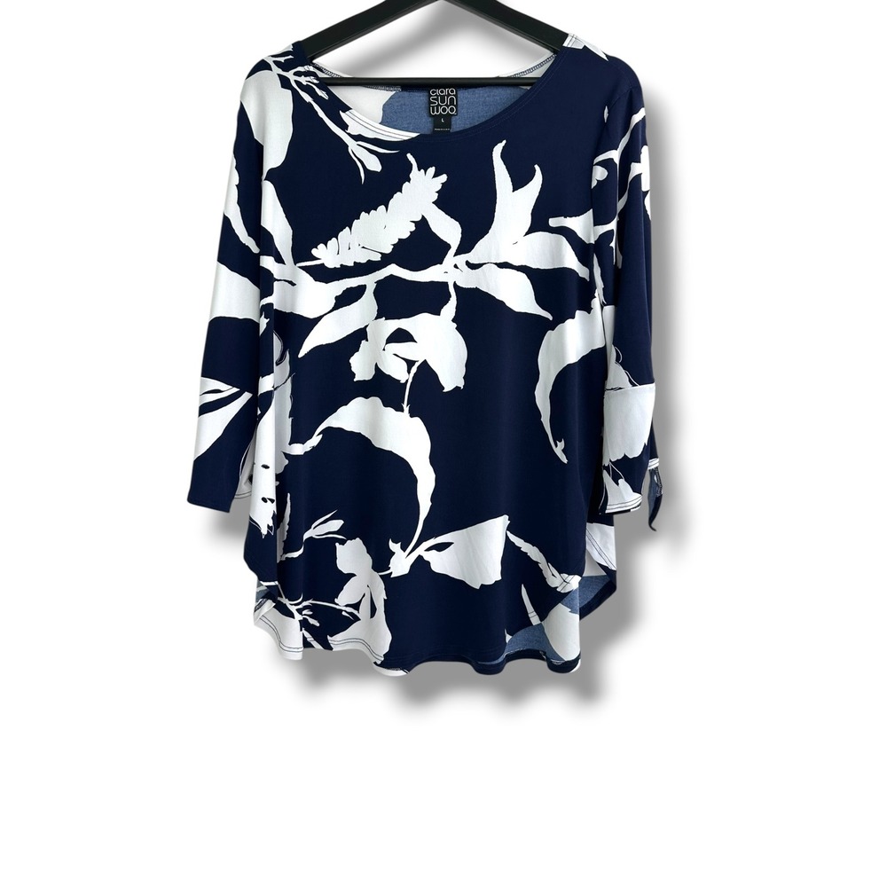 Clara Sunwoo Womens Navy White Tropical Leaf Print 3/4 Tie Sleeve Tunic Top L